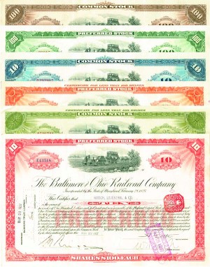 Collection of 6 Different Color Stocks - Baltimore and Ohio Railroad Collection of Six Stock Certificates